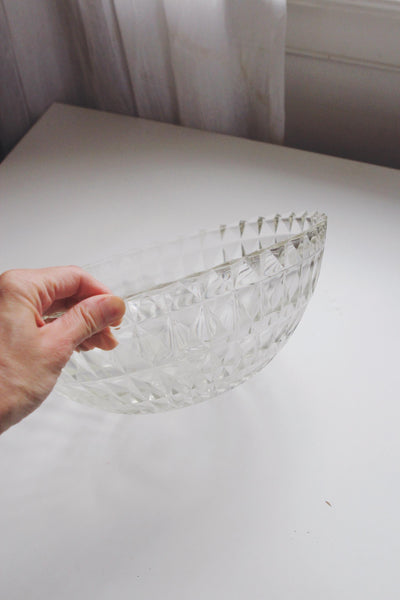 Vintage Large Glass Fruit Bowl Centerpiece or Serving Bowl - Art Deco Style, Geometric Diamond