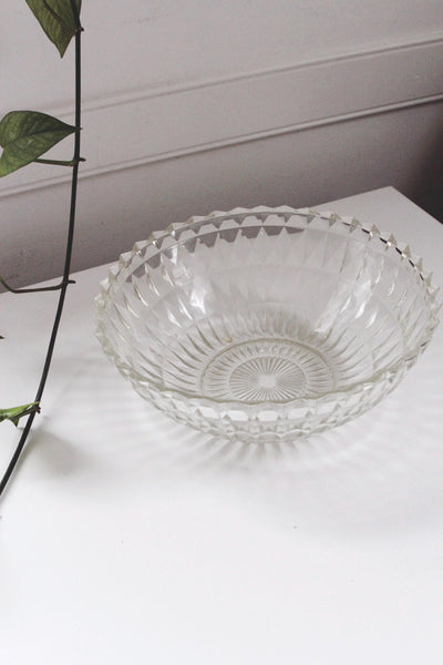 Vintage Large Glass Fruit Bowl Centerpiece or Serving Bowl - Art Deco Style, Geometric Diamond