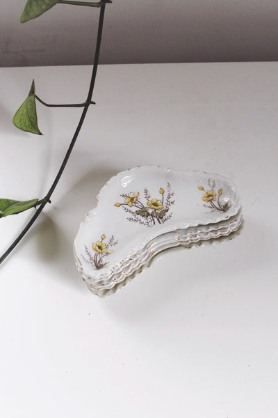 Vintage Porcelain Trinket Dish Jewelry Dish Catchall - Floral Design, Scalloped Shaped - Bone Dish
