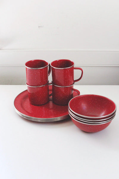 Vintage Enamelware Coffee Cup Plate Bowl, Red Speckeled Enamel - Set of 12