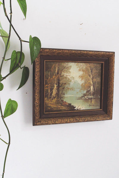 Vintage Landscape Painting - Canvas, Carved Wood Frame - Original Art, Woodland River Scene