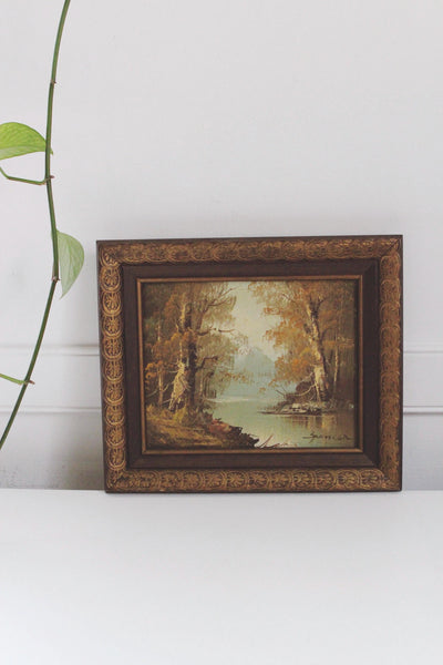 Vintage Landscape Painting - Canvas, Carved Wood Frame - Original Art, Woodland River Scene