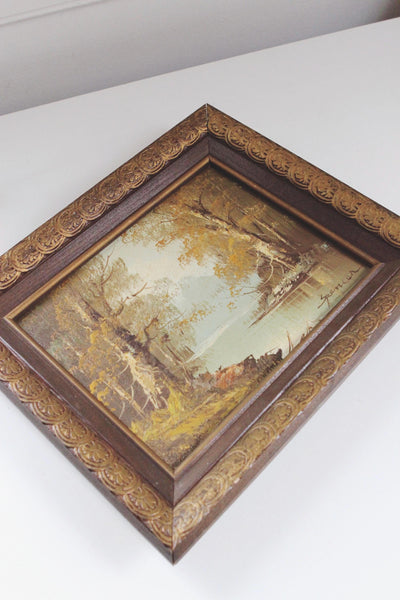 Vintage Landscape Painting - Canvas, Carved Wood Frame - Original Art, Woodland River Scene
