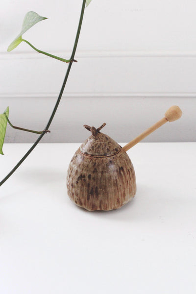 Vintage Studio Pottery - Handmade Ceramic Honey Pot Wooden Dipper Set
