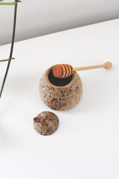 Vintage Studio Pottery - Handmade Ceramic Honey Pot Wooden Dipper Set