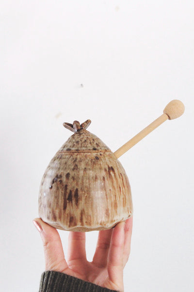 Vintage Studio Pottery - Handmade Ceramic Honey Pot Wooden Dipper Set