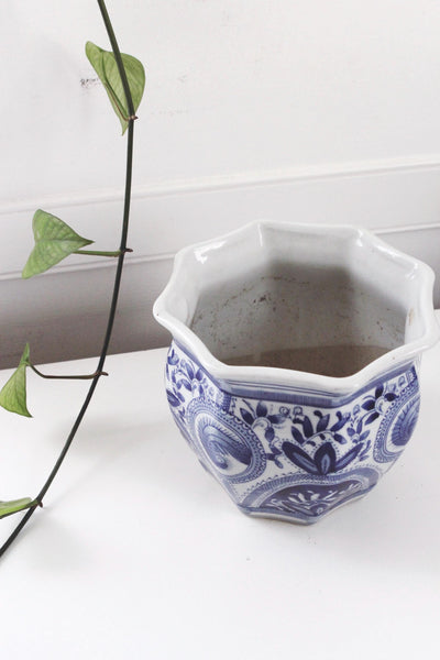 Vintage Planter Pot - Octagonal Chinoiserie Floral Blue and White Porcelain