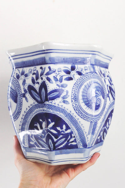 Vintage Planter Pot - Octagonal Chinoiserie Floral Blue and White Porcelain