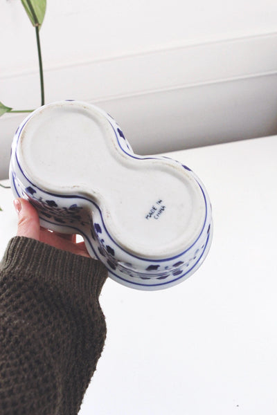 Vintage Double Planter Pot - Chinoiserie Floral Blue and White Ceramic, Porcelain Cachepot