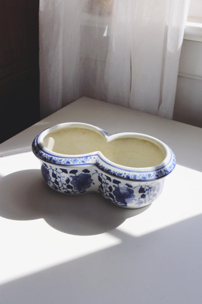 Vintage Double Planter Pot - Chinoiserie Floral Blue and White Ceramic, Porcelain Cachepot