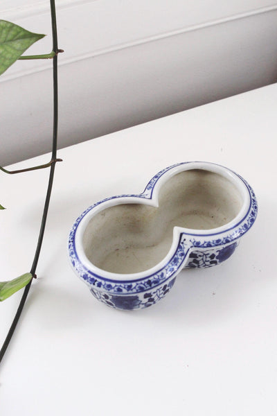 Vintage Double Planter Pot - Chinoiserie Floral Blue and White Ceramic, Porcelain Cachepot