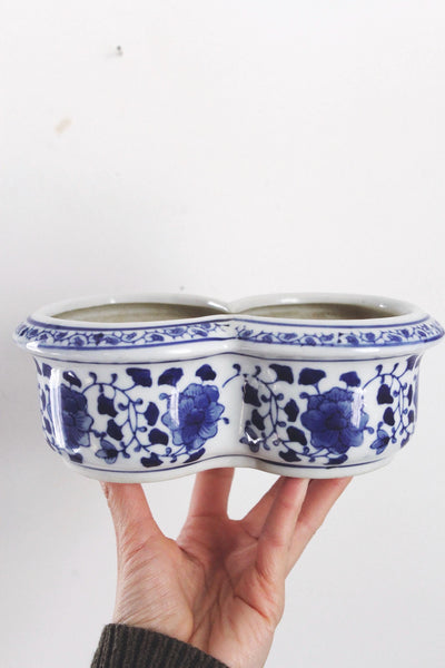 Vintage Double Planter Pot - Chinoiserie Floral Blue and White Ceramic, Porcelain Cachepot