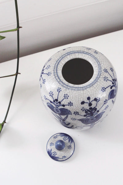 Vintage Ginger Jar, Temple Jar - Chinese Chinoiserie Floral Blue and White Porcelain