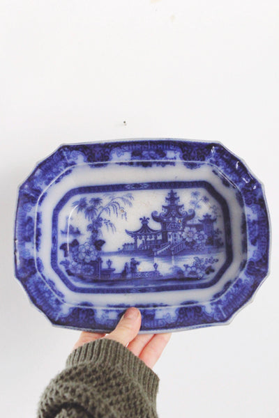Antique Flow Blue Transferware Ironstone Platter - Oriental Landscape - Staffordshire, Phillips & Son, Lahore, Burslem