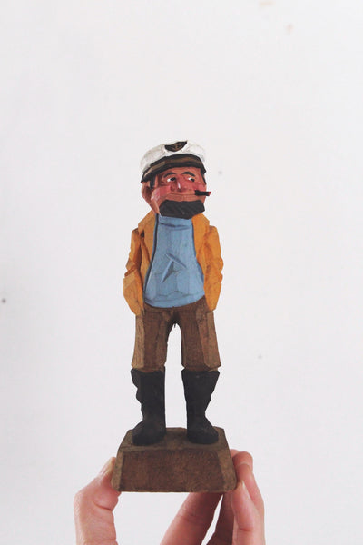 Vintage Wood Hand Carved Sailor Sea Captain Figurine - Nautical, Rustic, Folk Art
