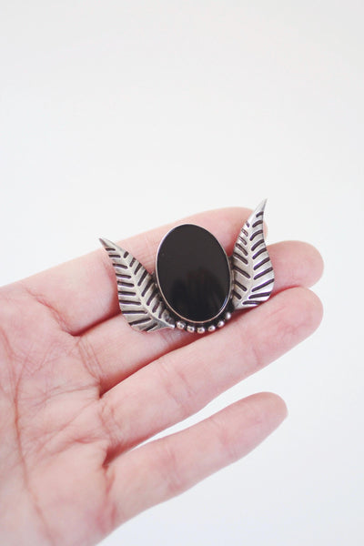 Vintage Sterling Silver Onyx Pendant - Geometric Winged Design, Signed AGE