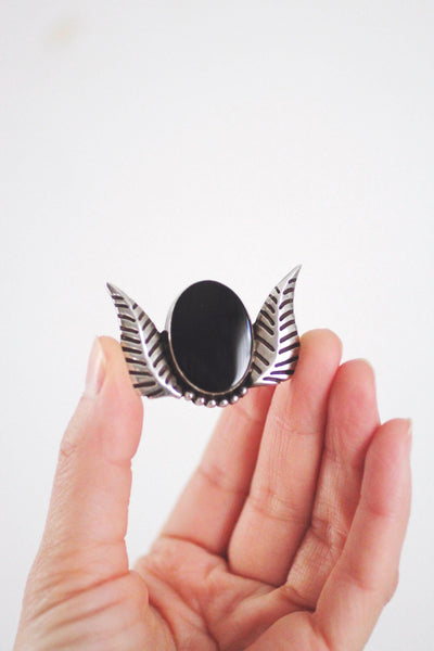 Vintage Sterling Silver Onyx Pendant - Geometric Winged Design, Signed AGE
