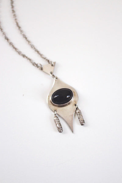 Vintage Sterling Silver Onyx Necklace - Geometric Modernist Design
