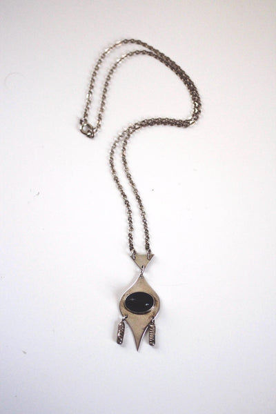 Vintage Sterling Silver Onyx Necklace - Geometric Modernist Design