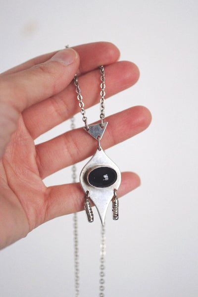 Vintage Sterling Silver Onyx Necklace - Geometric Modernist Design