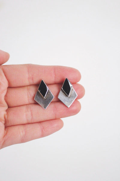 Vintage Sterling Silver Onyx Stud Earrings - Geometric Modernist Design