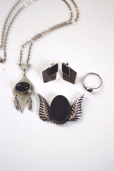 Vintage Sterling Silver Onyx Jewelry - Pendant, Necklace, Earrings, Ring - Geometric Modernist Design