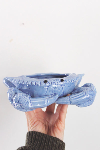 Vintage Blue Ceramic Crab Trinket Dish, Serving Bowl, Planter