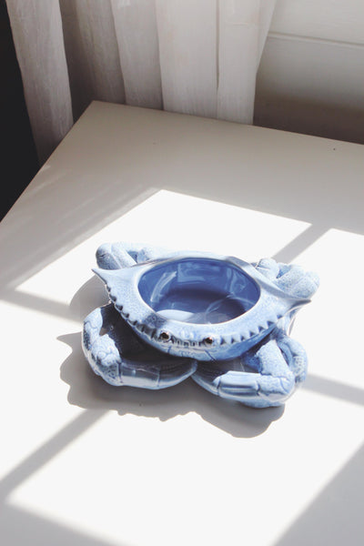 Vintage Blue Ceramic Crab Trinket Dish, Serving Bowl, Planter