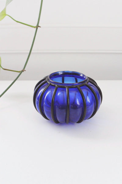 Vintage Cobalt Blue Glass Vase Lantern - Hand Blown, Wrought Iron Cage - Mid Century Modern, Murano Style