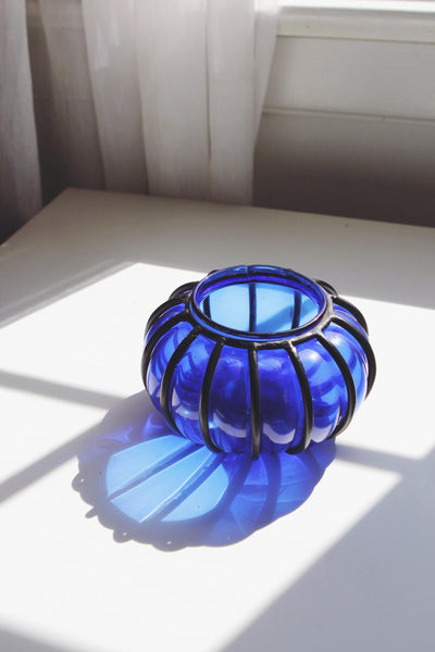 Vintage Cobalt Blue Glass Vase Lantern - Hand Blown, Wrought Iron Cage - Mid Century Modern, Murano Style