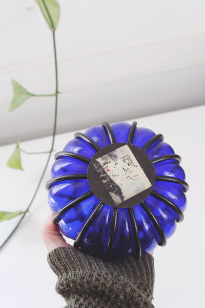 Vintage Cobalt Blue Glass Vase Lantern - Hand Blown, Wrought Iron Cage - Mid Century Modern, Murano Style