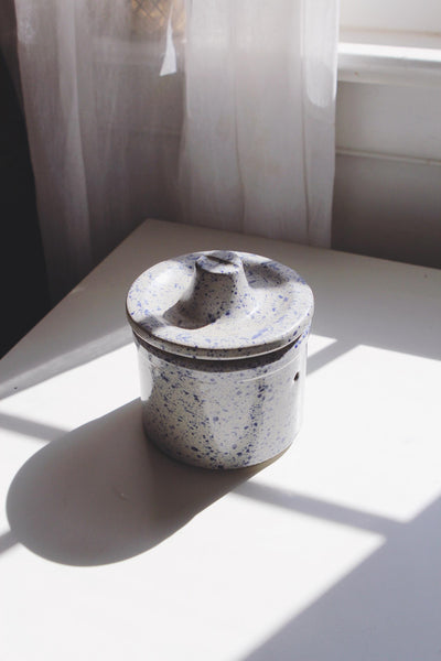 Vintage Stoneware Pottery Crock - Blue Speckled Spatterware Glaze - Farmhouse Decor