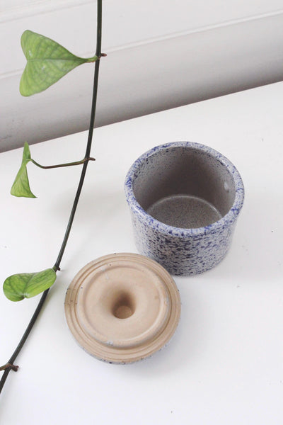 Vintage Stoneware Pottery Crock - Blue Speckled Spatterware Glaze - Farmhouse Decor