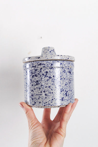 Vintage Stoneware Pottery Crock - Blue Speckled Spatterware Glaze - Farmhouse Decor