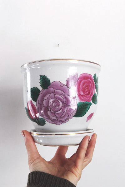 Vintage Planter Pot - Octagonal Chinoiserie Floral Blue and White Porcelain