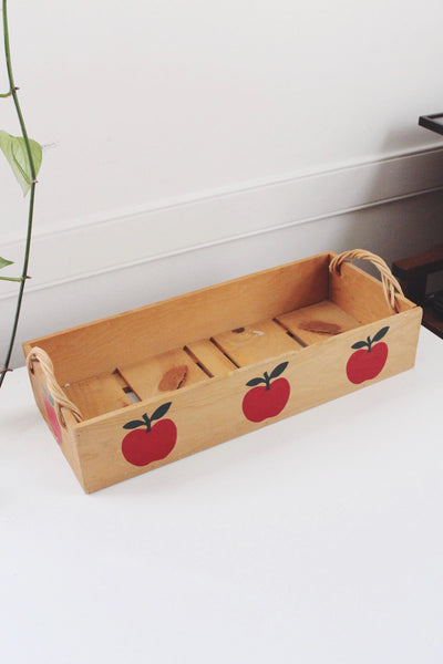 Vintage Wooden Crate Box with Painted Apples - 90s Cottagecore, Farmhouse Decor