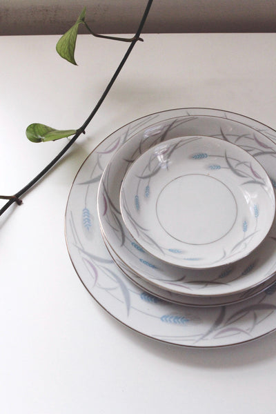 Vintage Porcelain China Plates Dishes Bowls - Valmont Royal Wheat, Platinum Trim, Made in Japan