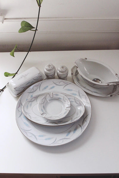 Vintage Porcelain China Serving Tray, Butter Dish, Gravy Boat, Salt Pepper Shakers - Valmont Royal Wheat