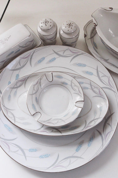 Vintage Porcelain China Serving Tray, Butter Dish, Gravy Boat, Salt Pepper Shakers - Valmont Royal Wheat