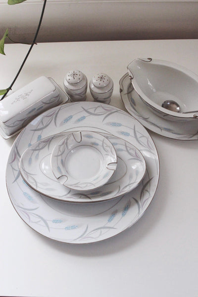 Vintage Porcelain China Serving Tray, Butter Dish, Gravy Boat, Salt Pepper Shakers - Valmont Royal Wheat