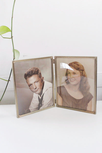 Vintage Gold Metal Bi-fold Picture Frame 8x10 - Vintage Photograph Couple
