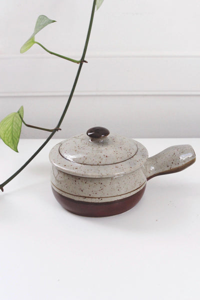 Vintage Soup Bowl Crock - Stoneware Pottery, Speckled, Lidded, Handle - French Onion Soup