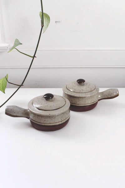 Vintage Soup Bowl Crock - Stoneware Pottery, Speckled, Lidded, Handle - French Onion Soup