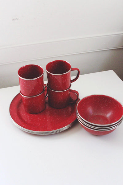 Vintage Enamelware Coffee Cup Plate Bowl, Red Speckeled Enamel - Set of 12