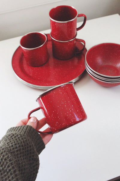 Vintage Enamelware Coffee Cup Plate Bowl, Red Speckeled Enamel - Set of 12