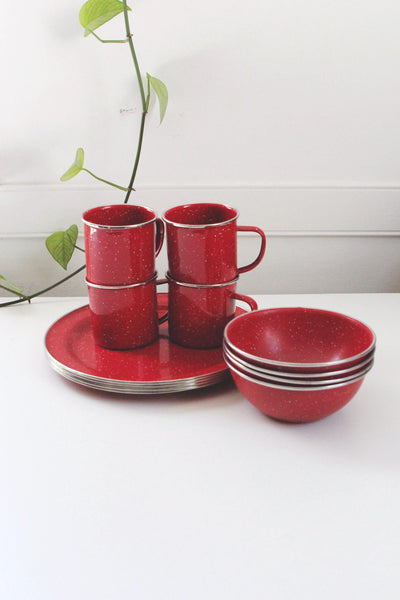 Vintage Enamelware Coffee Cup Plate Bowl, Red Speckeled Enamel - Set of 12