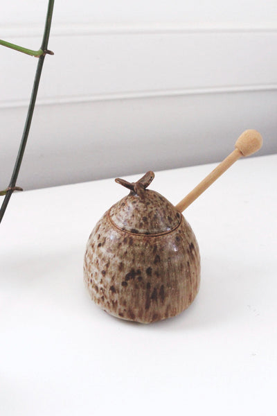 Vintage Studio Pottery - Handmade Ceramic Honey Pot Wooden Dipper Set