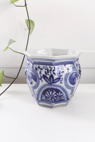 Vintage Planter Pot - Octagonal Chinoiserie Floral Blue and White Porcelain