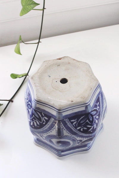 Vintage Planter Pot - Octagonal Chinoiserie Floral Blue and White Porcelain