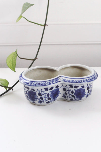 Vintage Double Planter Pot - Chinoiserie Floral Blue and White Ceramic, Porcelain Cachepot